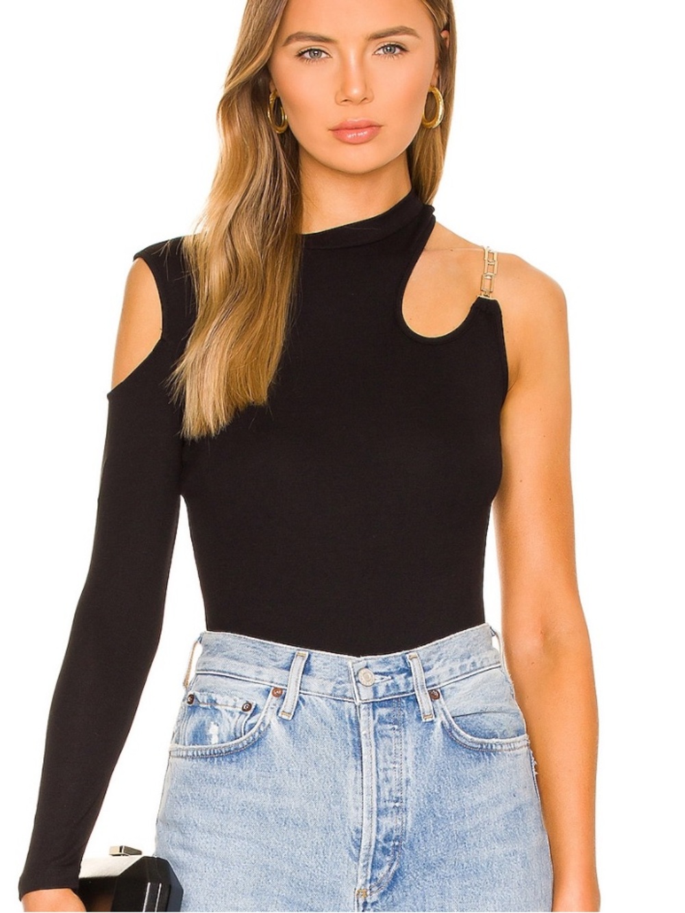 Black Asymmetrical One-Sleeve Top with Chain Strap